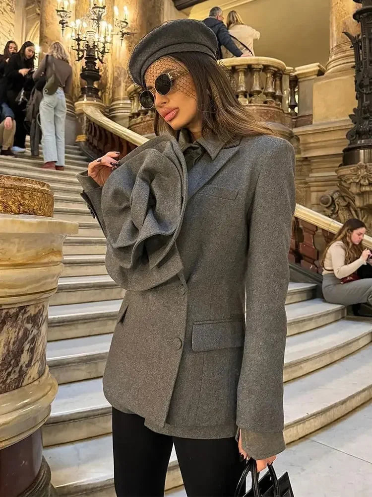 Solid Three-dimensional Flower Lapel Short Coat For Women Chic Casual Long Sleeve Single Breasted Coats Lady Street Overcoat