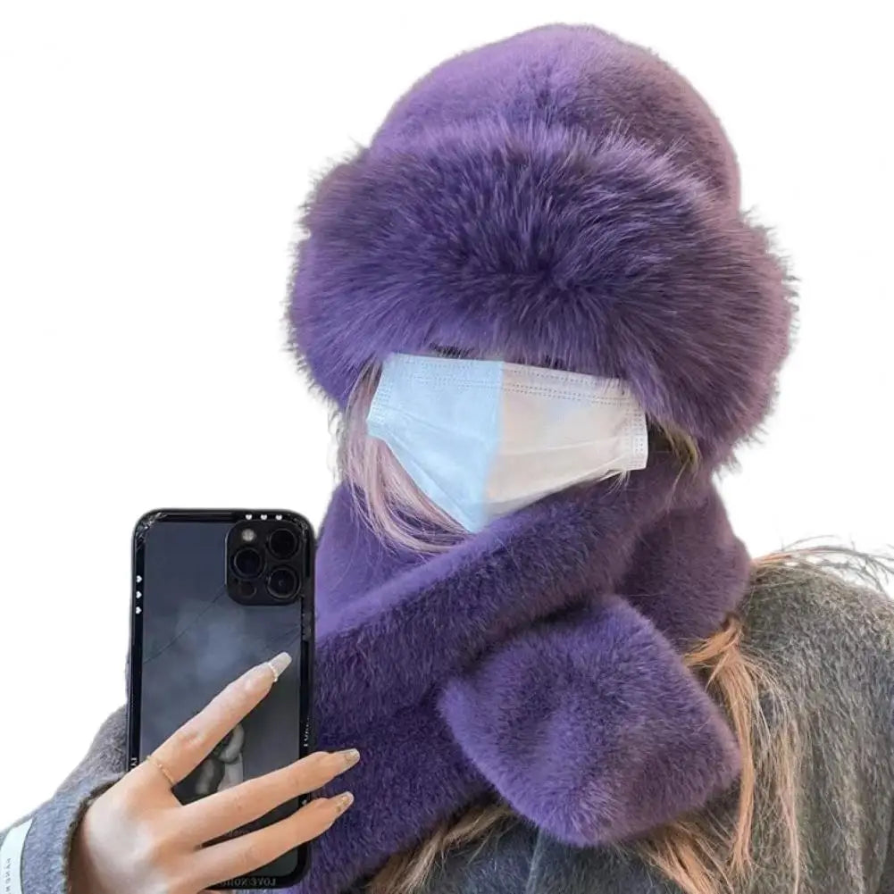 2Pcs Women Winter Russian Hat Neck Warmer Thick Stretchy Keep Warm Dome Cap Outdoor Skiing Skating Headwear