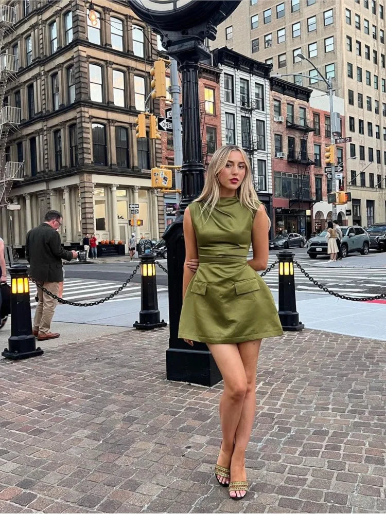 Green Pockets Mini Dress