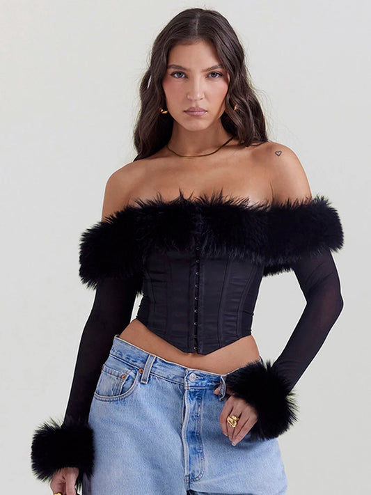 Mozision Elegant Feather Strapless Off-shoulder Backless Tops