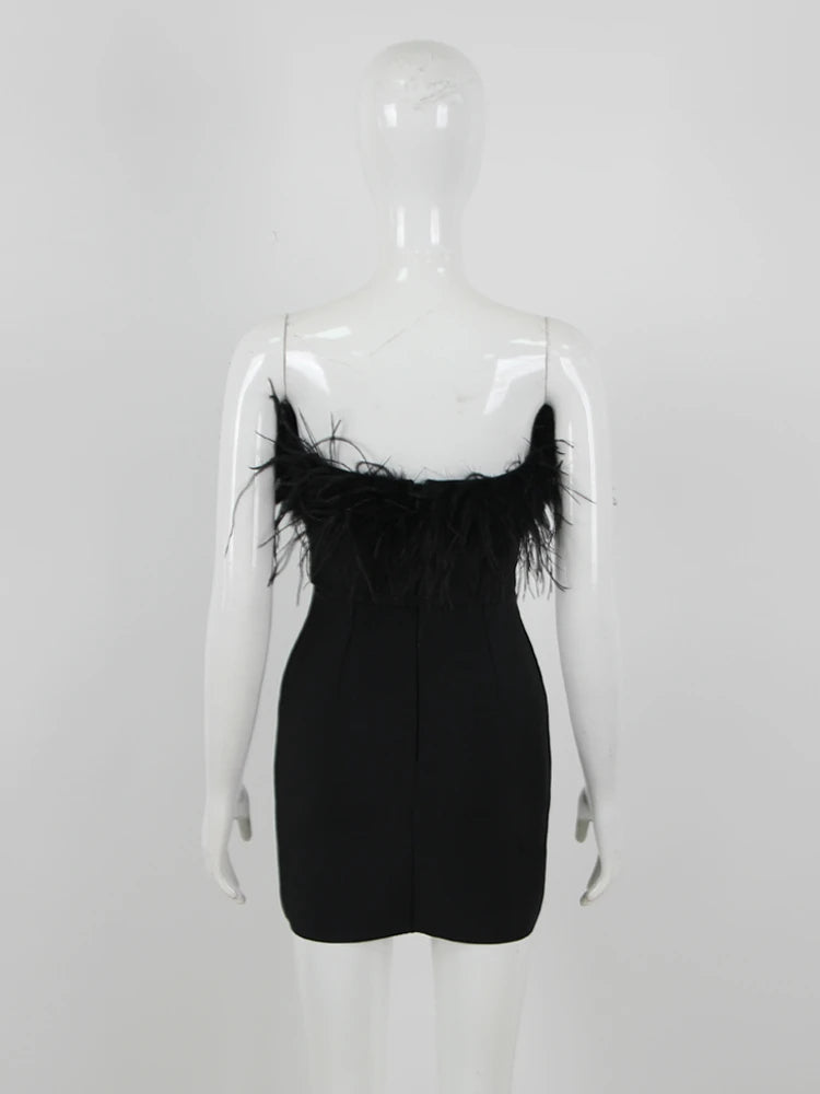 Black Feathers Strapless Bodycon Mini Dress Elegant Fashion Celebrity Party Club Dresses Vestido