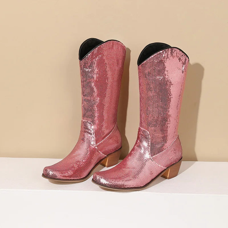 Sequin Bling Chunky Western Boots Women Platform Stylish Comfy Shoes