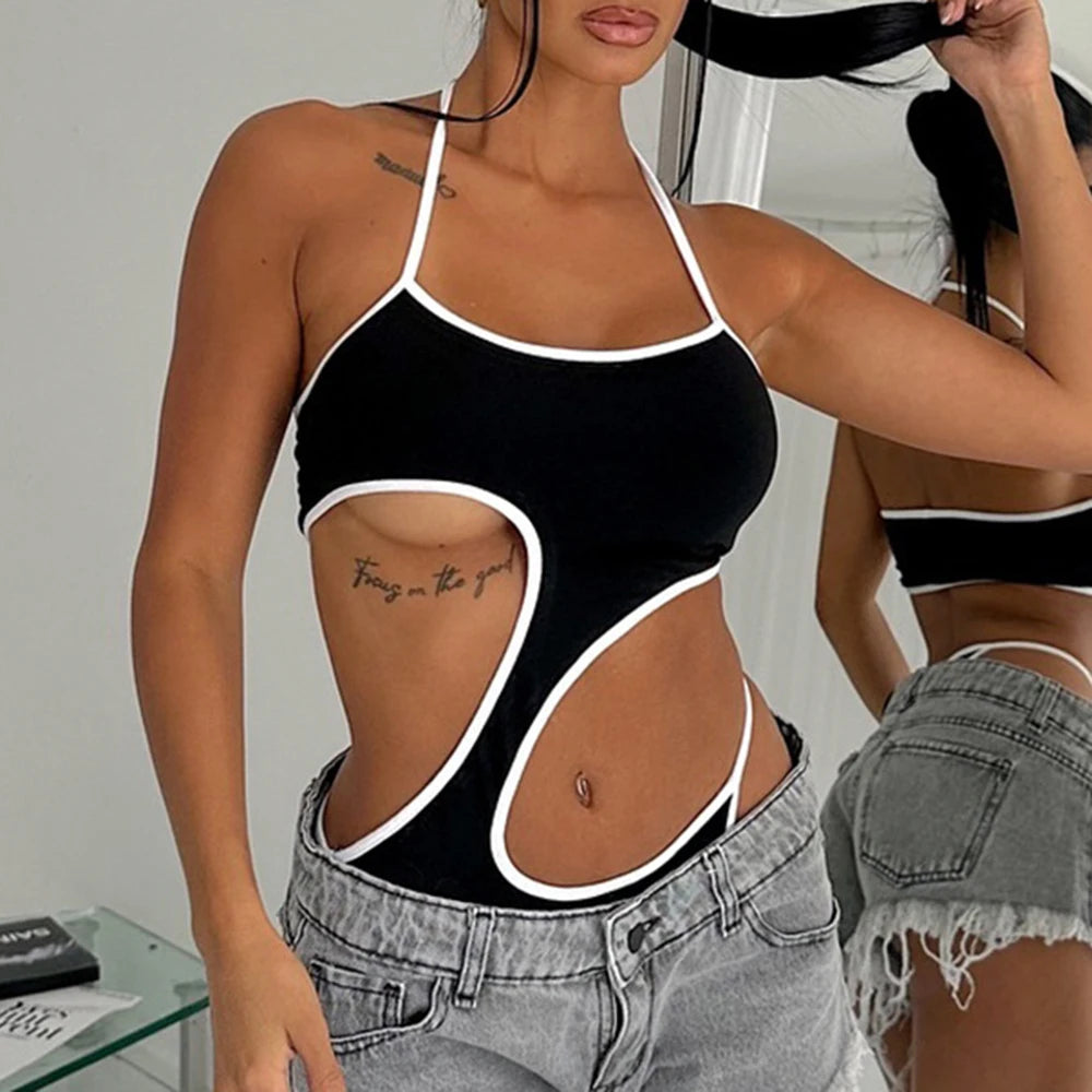 Bodysuit Jumpsuits Summer Style Binding Cut-Out Sleeveless Halter Neck Solid Color Fitting Slim Jumpsuits for Women