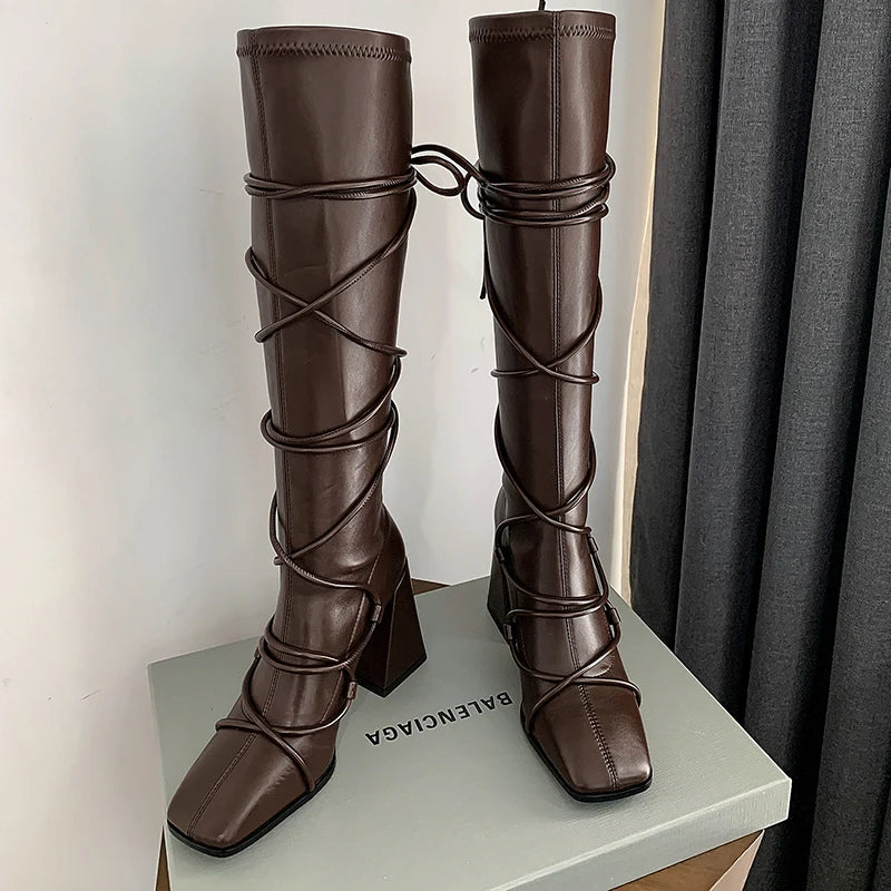 Knee High Long Boots Leather Square Toe Zip High Boots