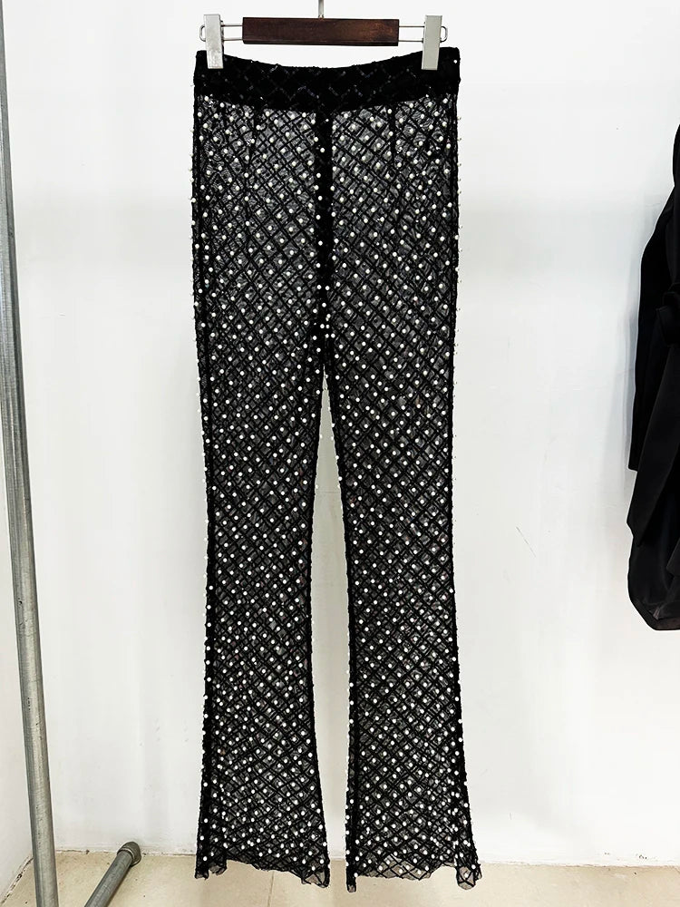 HIGH STREET Newest Designer Runway Fashion Women's Hollow Out Flowers Appliques Pearls