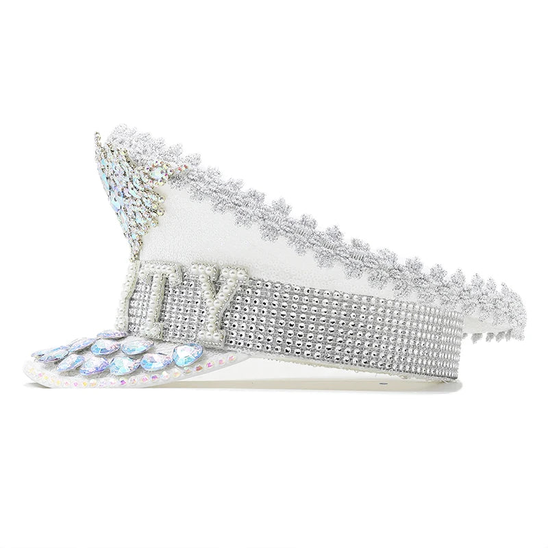 Handmade Sequined & Beaded White Luxury Rhinestone Bridal Hat Wedding Accessories Women Gothic Rave Party Club Wear Cosplay Prop