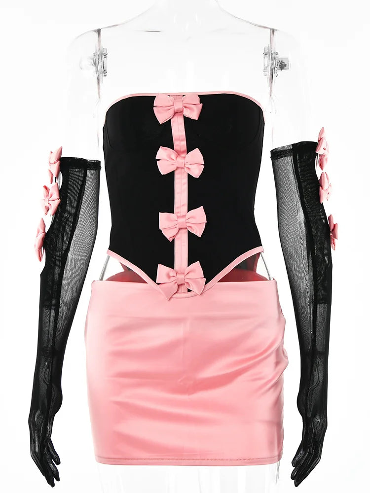 Two Piece Set Y2K Suit Bows Trim Strapless Corset Tops Mini Skirt
