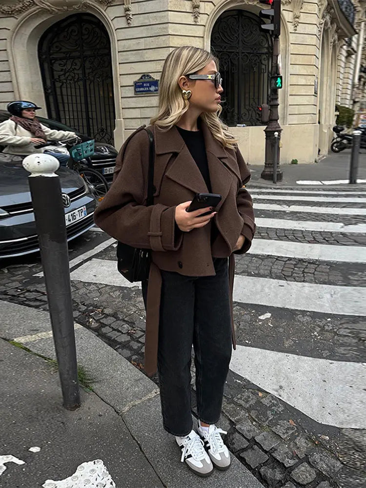Coffee Vintage Lapel Belt Autumn Winter Coats