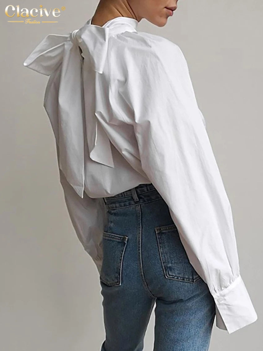 LElegant Turtleneck Long Sleeve Shirts Vintage Chic Lace-Up Classic Top
