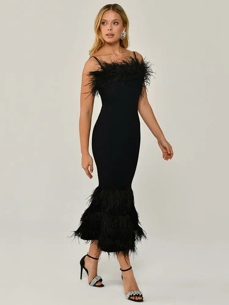 Sleeveless Strapless Feather Mermaid Midi Bandage Dress Black Elegant Celebrity Party Dress