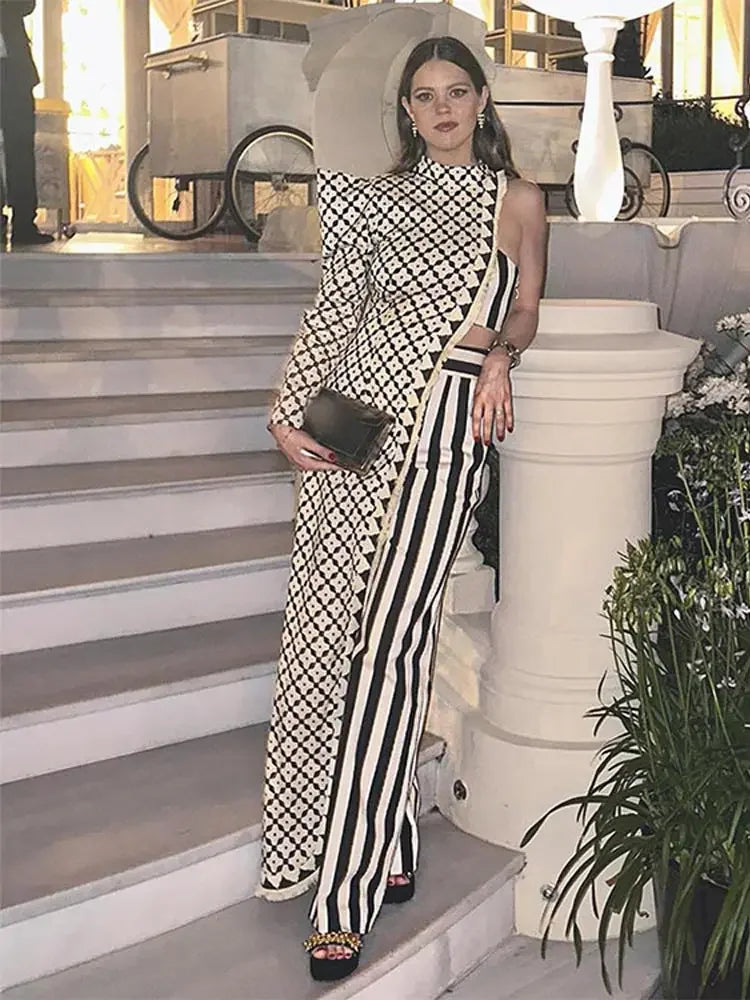 Asymmetrical Printed Pants Suit Elegant Single Shoulder Full Sleeved Long Top Set l