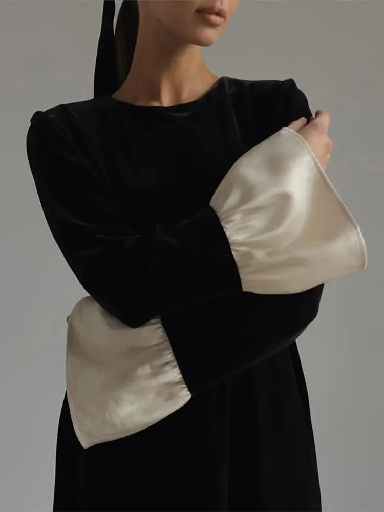 Patchwork Velvet Midi Dress For Elegant O Neck Flare Long Sleeve Ruffles Dresses
