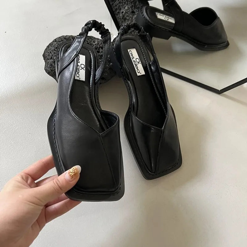 Elastic Band Flat Heel Women Shallow Party Shoes Square Heel Square Toe Sandal