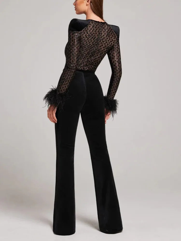 Designer Feather See Through Glitter Black Bandage Bodycon High Street Celebrity Jumpsuit Rompers