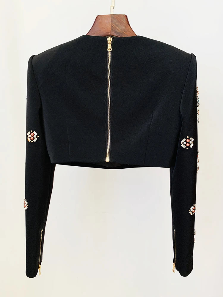 HIGH STREET Newest Designer Runway Suit Set Women's O-neck Zip Back Cropped Tops Mini Skirt Set 2pcs