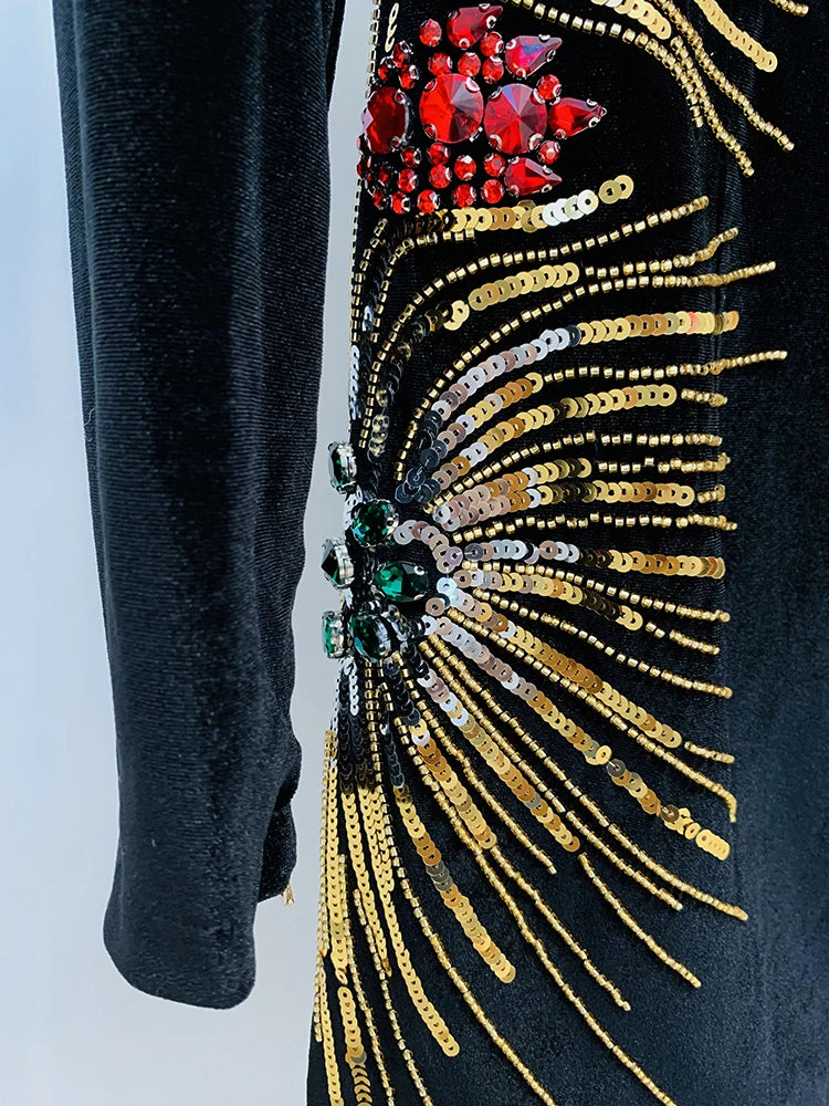 Newest Designer Fashion Women's Long Sleeve Stunning Sequined Rhinestone Diamonds Beaded Velvet Dress