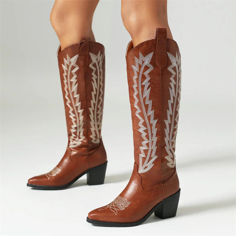 Botas Cowboy Western Knee High Boots Brown Chunky Heel Black Cowgirl Shoes