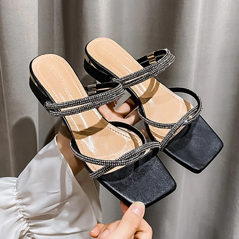 crystal narrow band gladiator sandals women two ways wear low heel sandalias mujer35-43 glitter rhinestone summer schoenen dames