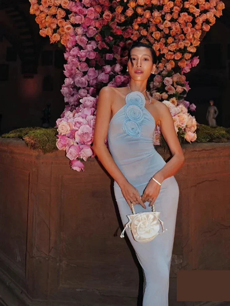 3D Flower Bodycon Long Dress Women Light Blue Sleeveless Lace-up Floor Length Dress