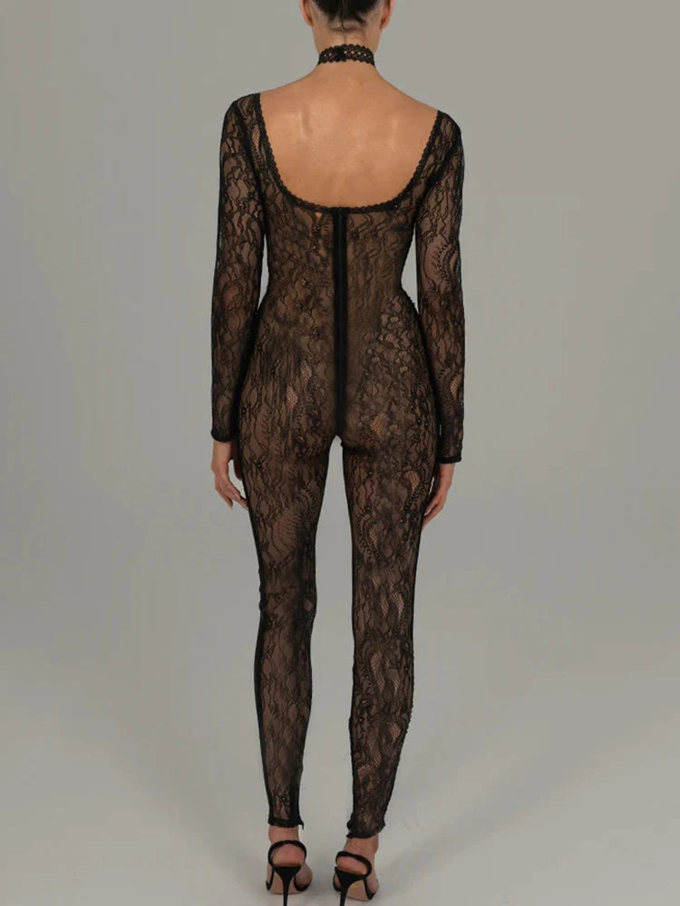 Fantoye Sexy See Through Lace Floral Women Jumpsuit White Long Sleeve Hollow Out Jumpsuit Autumn Bodycon Elegant Party Clubwear