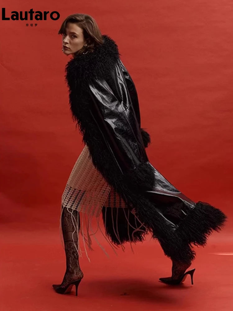 Spring Autumn Long Black Shiny Patent Pu Leather Coat