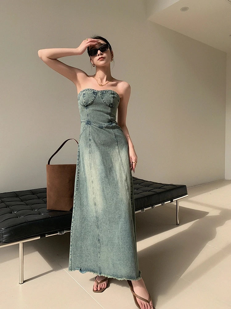 Vintage Elegant Party Midi Dress Denim Strapless Dress A-line Temperament