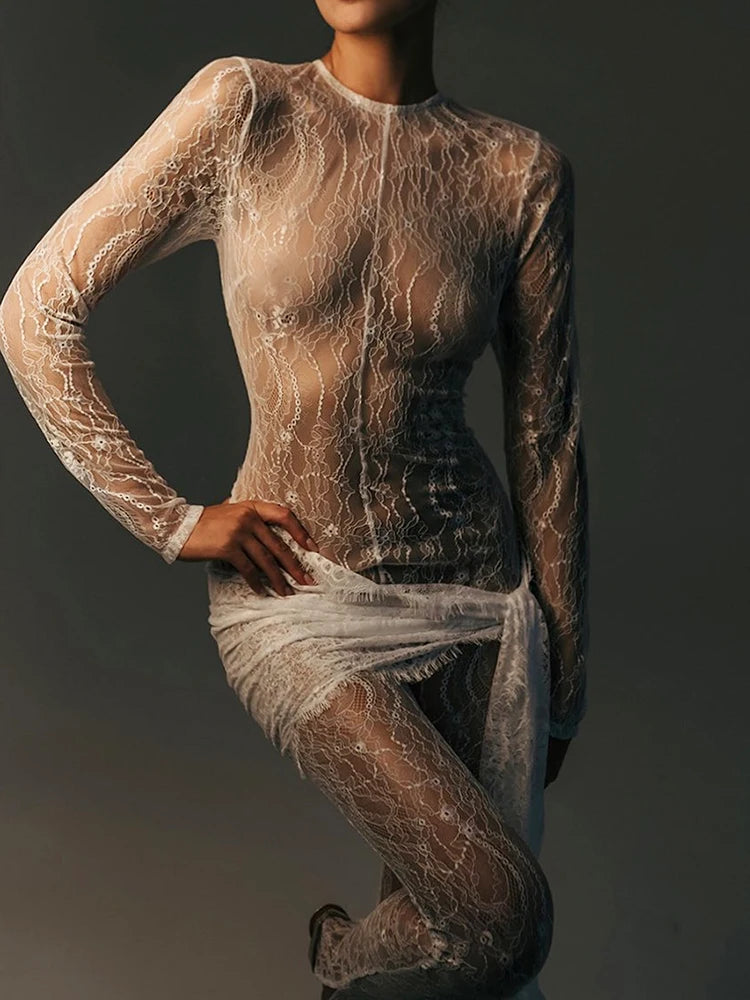 Long Sleeve Lace Jumpsuit Lace See-through Rompers Basic Skinny High Elasticity Leggings