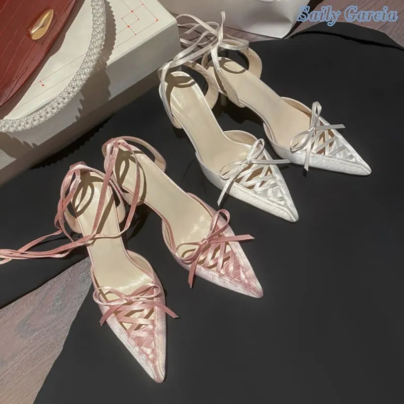Lace Up Riband Decorated Silk Ankle Wrap Pink Stiletto Heel Pointed Toe Sweet Pumps Autumn Dress New Arrival Fashion Shoes