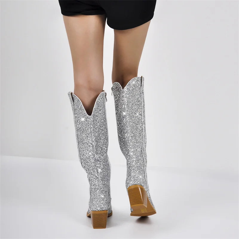 Pointed Toe Sliver Glitter Knee High Boots Western Cowboy Boots Bling Shiny Block Heel Handmade Cowgirl Boots