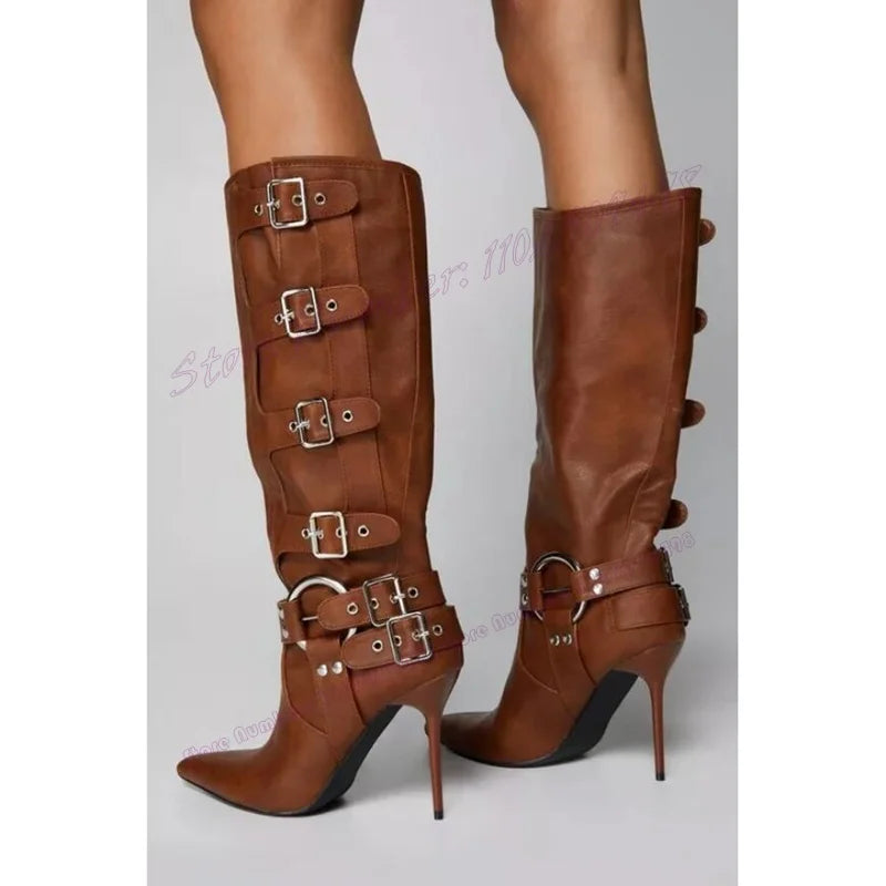 Brown Strappy Buckle Stilettos Heels Boots Pointed Toe Leather High Heels