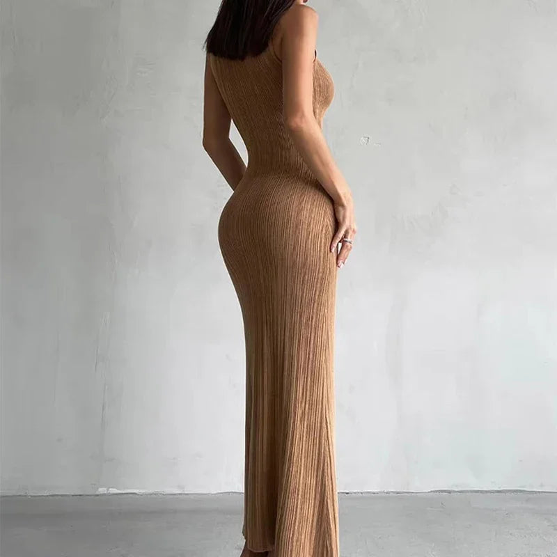 Knitted Turtleneck Sleeveless Bodycon Dress For Women Elegant Rib Knit Long Dress High Waist Party Dresses Vestido