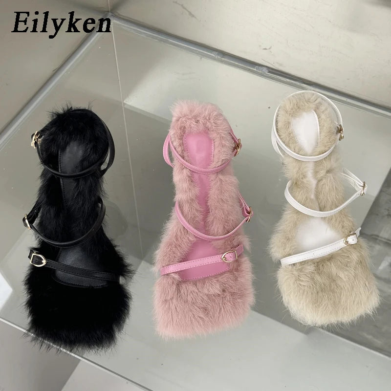 New Plush Fur Fuzzy Sandals Women Thin Heels Fashion Square Toe Ankle Lace Up Buckle Strap Slides Shoes