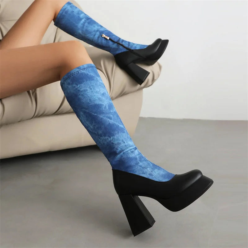 Denim Boots Blue Knee High Platform Boots