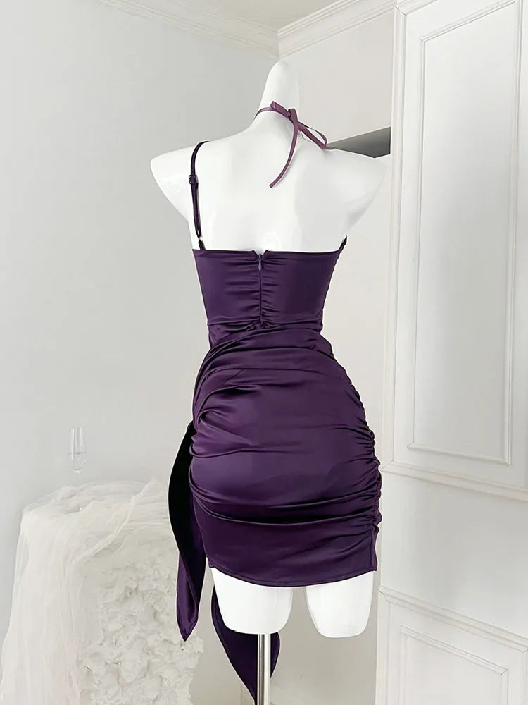 High Quality Purple Prom Gown Low Chest Wrapped Solid Evening Dress