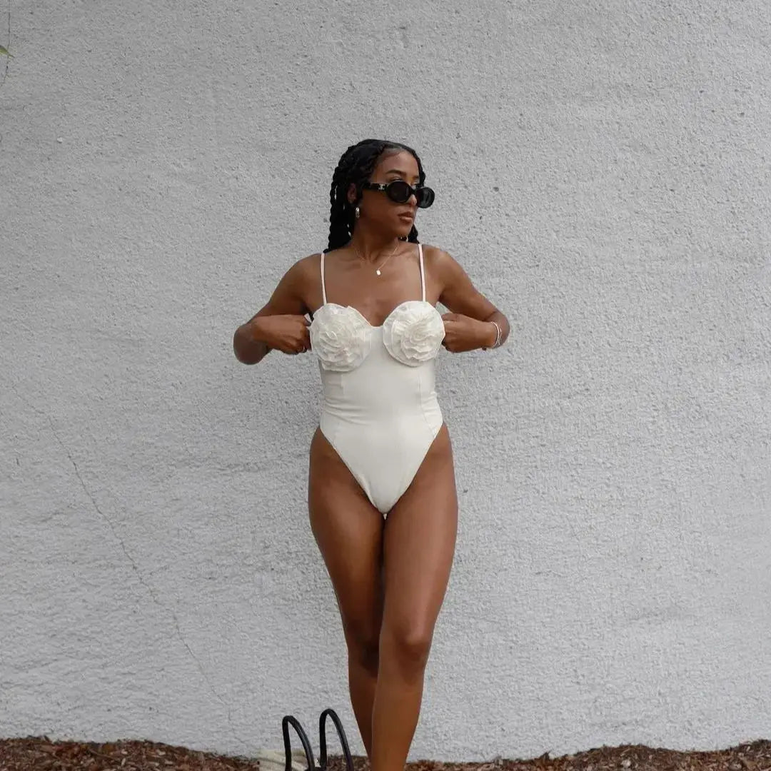 One-piece Swimsuit Flower Decorated High Waist Bikini Pure White Swimsuit
