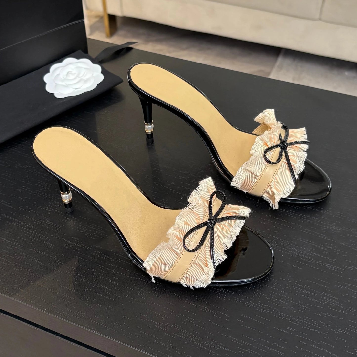 2025 New Arrival Summer Pleaed Open-Toe High Heel Woman Slippers Butterfly-Knot Decora Stiletto