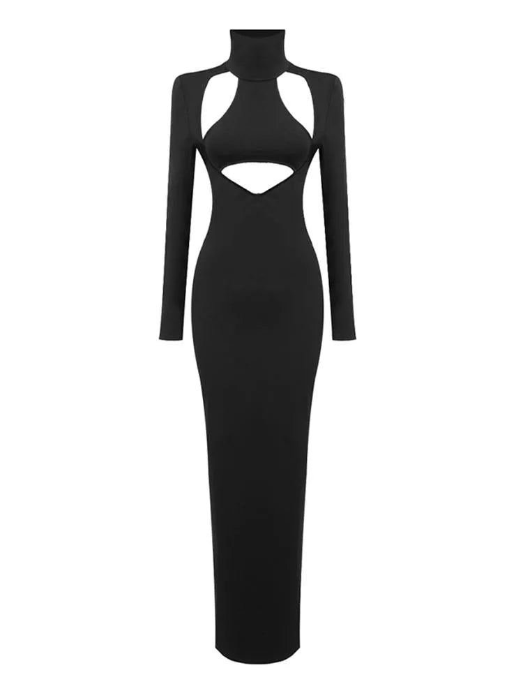 Hollow out High Neck Long Sleeve Tight Long Dress Elegant Celebrity Party Dress Vestidos