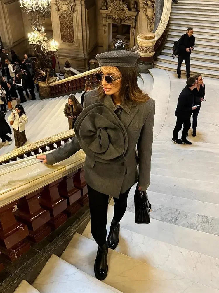 Solid Three-dimensional Flower Lapel Short Coat For Women Chic Casual Long Sleeve Single Breasted Coats Lady Street Overcoat