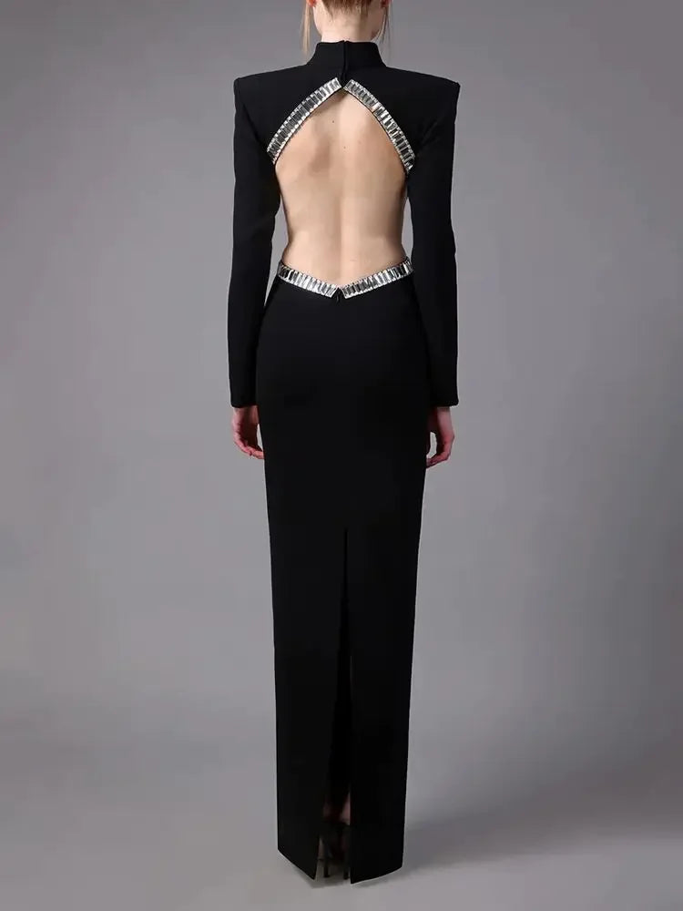 Luxury Diamond Hollow Sexy Long Sleeve Backless Long Bandage Dress Elegant Celebrity Party Dress