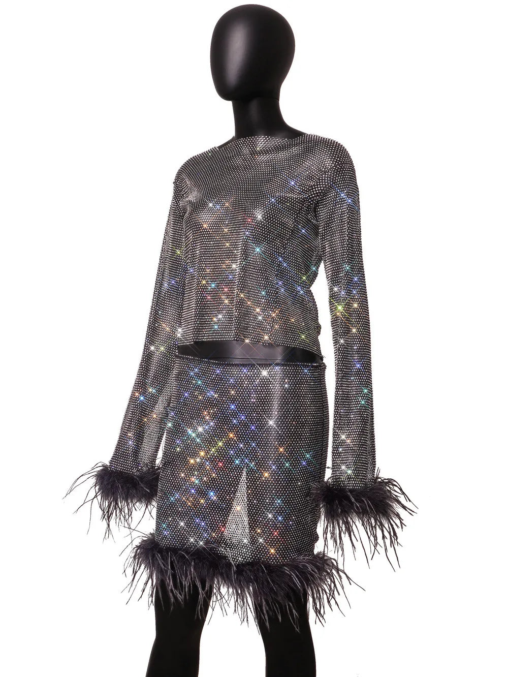 New Flash Diamond Mesh Cutout Long Sleeve 2 Pieces Sets
