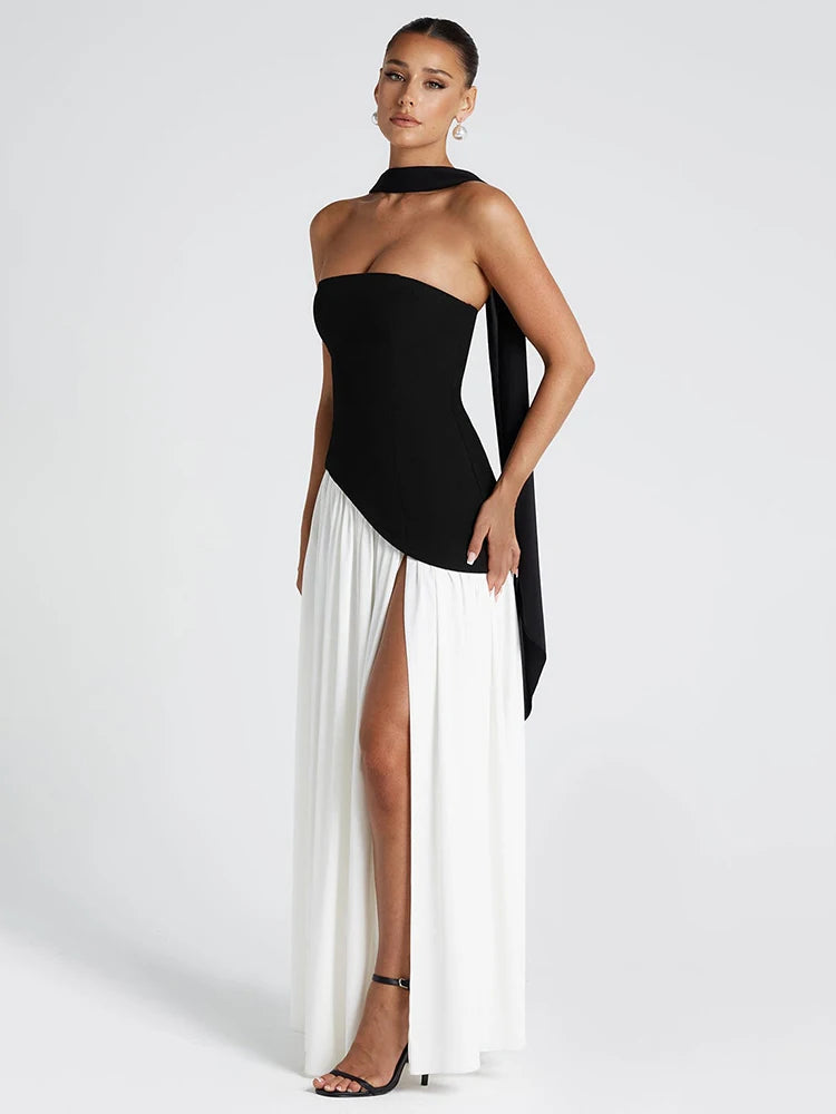 Balitops Patchwork Strapless Maxi Dress Women Scarf Collar Off-shoulder Backless Long Dress