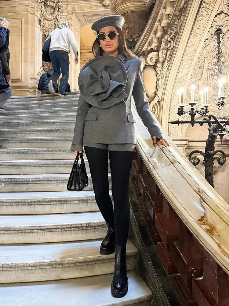 Solid Three-dimensional Flower Lapel Short Coat For Women Chic Casual Long Sleeve Single Breasted Coats Lady Street Overcoat