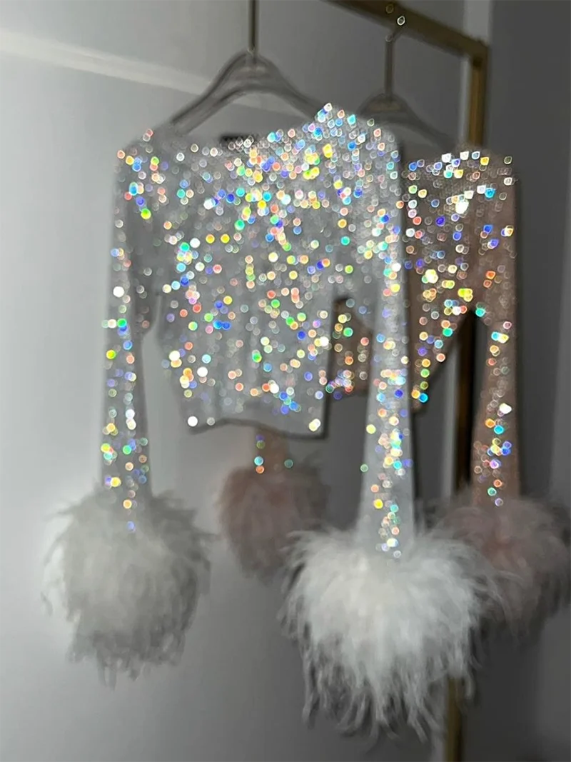 Round Neck Feather Top, Long Sleeves, Crystal Rhinestone Mesh, Diamond, Ostrich Feather, Hollow Perspective Skirt Top T-shirt