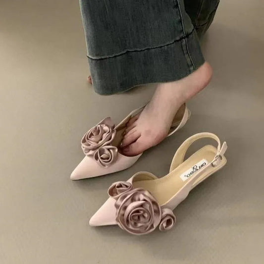New 3D Flower Women Sandal Fashion Flower Ladies Elegant Dress Slingback Shoes Thin Low Heel Dress Mules Pumps