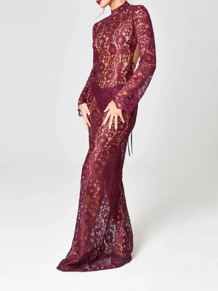 Backless Lace See Through Maxi Dress