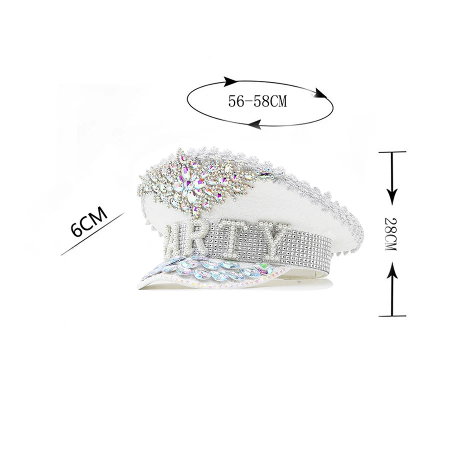 Handmade Sequined & Beaded White Luxury Rhinestone Bridal Hat Wedding Accessories Women Gothic Rave Party Club Wear Cosplay Prop