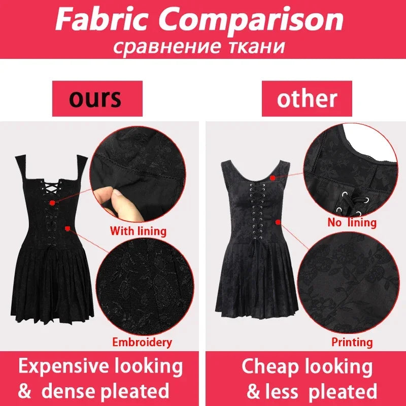 Suninheart Lace Up One Piece Dresses Vintage Embroidery A Line Pleated Mini Dress