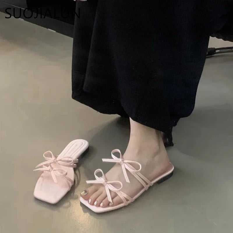 Fashion Bow-knot Shoes Square Toe Slip On Slides Shoes Flat Heel Sandals
