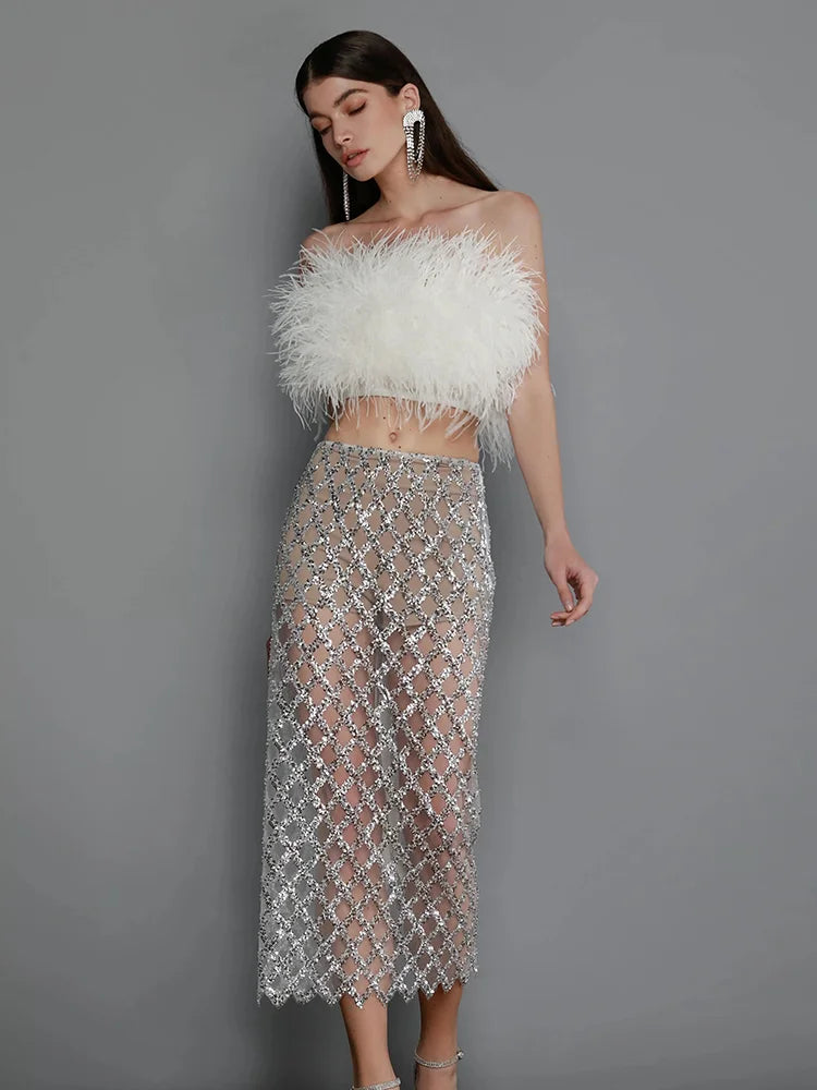 Feathers Sleeveless Slash Neck Tow Piece Set Bodycon Bandage Dress Set Celebrity Party Nightclub Outfits