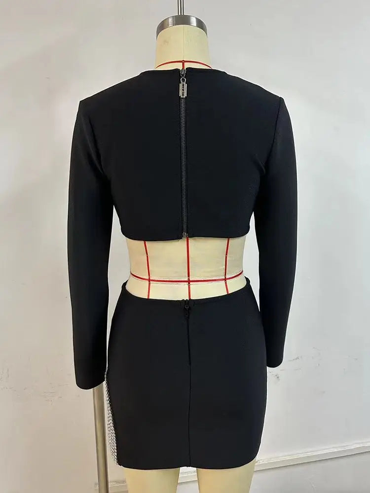 Diamond Long Sleeve V-Neck Short Top Mini Dress Fit 2-Piece Celebration Nightclub Party Bandage Set